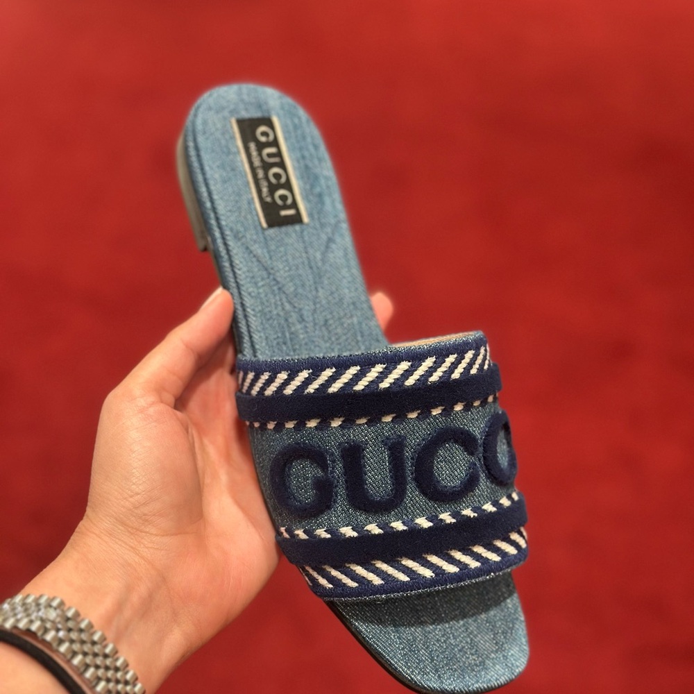 Gucci Denim Blue Embroidered Sandals